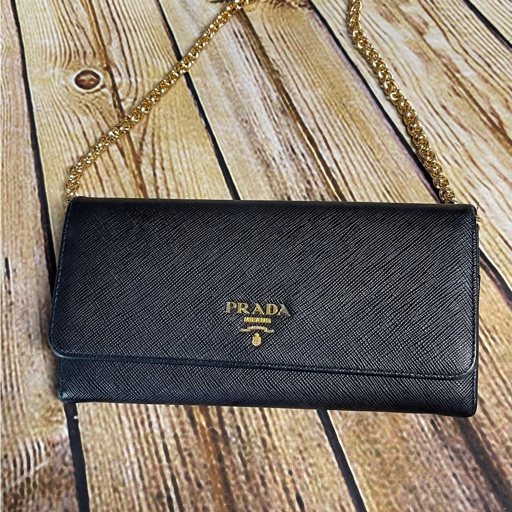 Prada Saffiano Leather Long Wallet with chain